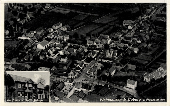 Ak Weidhausen bei Coburg Oberfranken, Fliegeraufnahme, Kaufhaus v. Gottl. Möngh