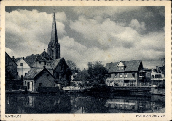 Postcard Buxtehude in Lower Saxony, beautiful view of church, houses, Viver, sky