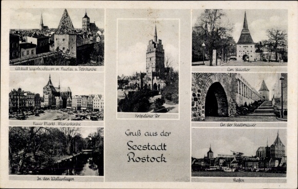 Ak Hansestadt Rostock, Stadtansichten,  Innenstadt, Marienkirche, Stadtmauer, Wasserturm