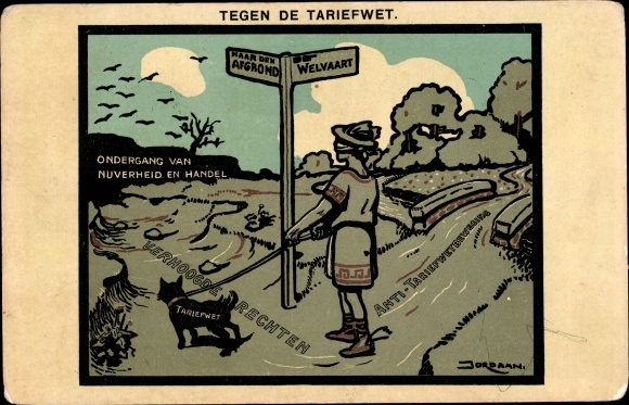 Artist Postcard Jordaan, Against the Tariff Act, Prosperity, To the Abyss, Carikatur