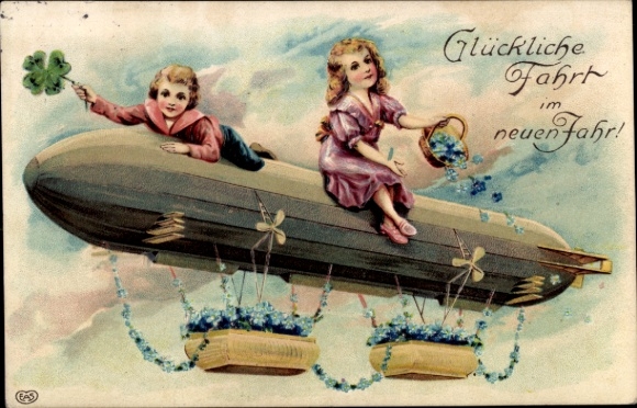 Embossed PC congratulations name day, children on zeppelin, flowers, cloverleaf, EAS