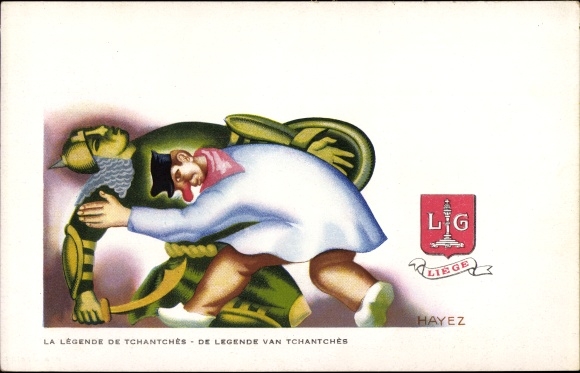 Postkaart kunstenaar Hayez, Luik Luik Wallonië, De Legende van Tchantches, Wapenschild