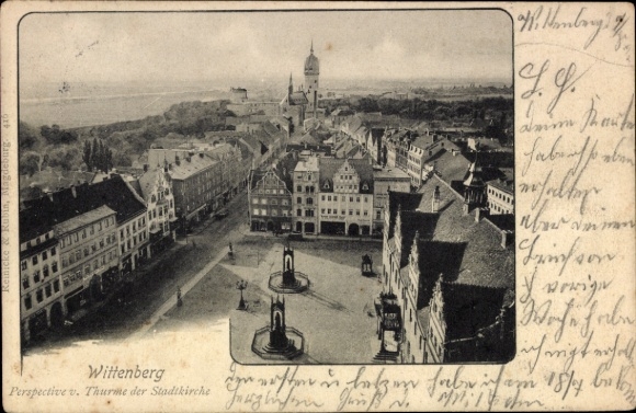 Postcard Lutherstadt Wittenberg, bird's eye view of the city, towers of the city church