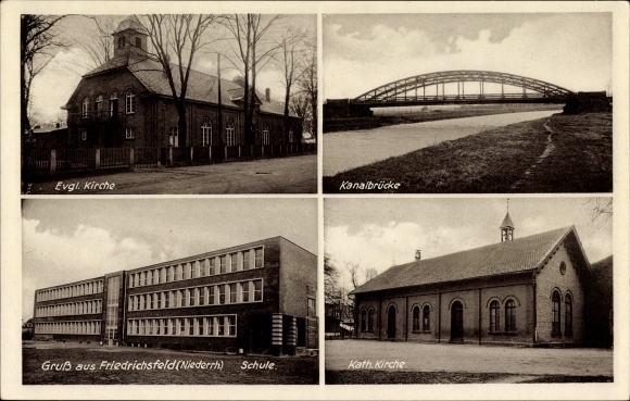 Ak Friedrichsfeld Voerde Niederrhein NRW, Ev. Kirche, Kanalbrücke, Schule, Kath. Kirche