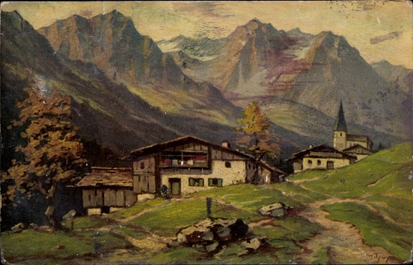 Kunstenaar Ak Hoy, W., In het prachtige Tirol, huis, kerk, bergen