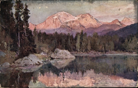 Kunstenaarskaart Compton, Ramsau in Berchtesgadener Land Opper-Beieren, Hintersee, reflectie, Göll