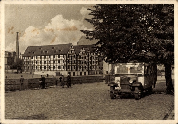 Ak Bydgoszcz Bromberg Westpreußen, Stadtansicht, Friderizianische Speicher, Auto, Himmel, Bäume