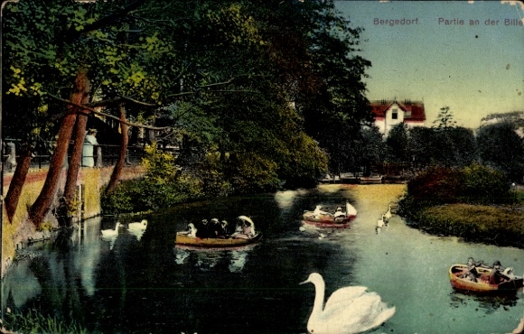 Ak Hamburg Bergedorf, op de Bille, roeiboten, zwaan