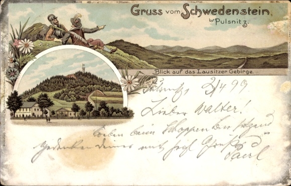 Chromo-Litho Pulsnitz, Greetings from the Schwedenstein, Lusatian Mountains, Tower, Forest