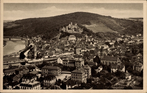 Postcard Wertheim am Main, aerial view of Wertheim a. M., Wartberg in the background, river visible