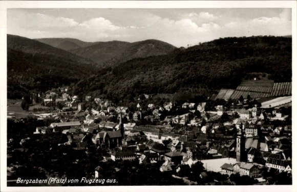 Postcard Bad Bergzabern on the Palatinate Wine Route, aerial view of Palatinate, mountains in the background