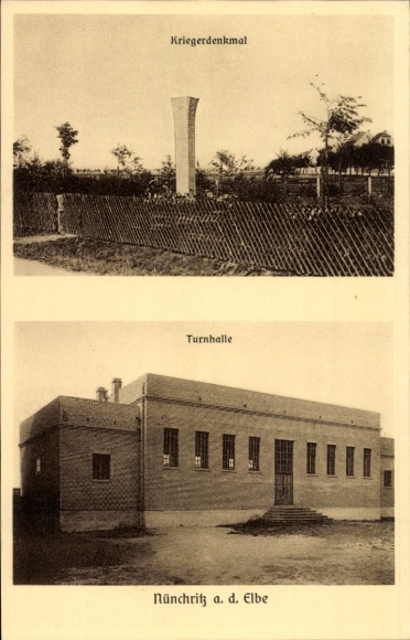 Postcard Nünchritz in Saxony, war memorial, gymnasium