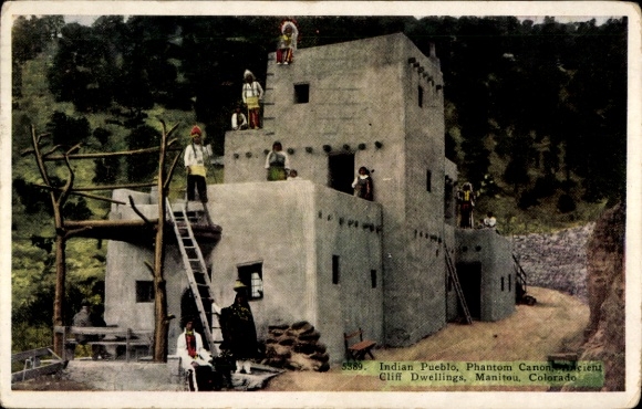 Postcard Manitou Colorado USA, Taos Indian Pueblo, Phantom Canon, Cliff Dwellings
