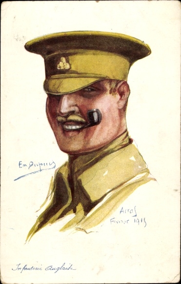 Kunstenaar Ak Dupuis, E., Arras 1915, Franse geallieerden, Britse infanteriesoldaat, portret