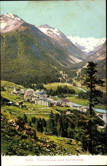 Postcard Pontresina Canton of Graubünden Switzerland, mountain landscape, Val Roseg, snow-capped mountains, valley, F