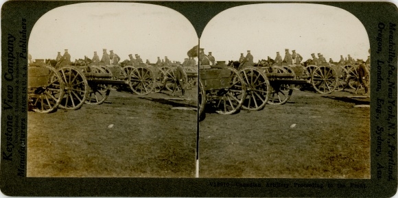 Stereo photo Canadian artillery advancing, WW I