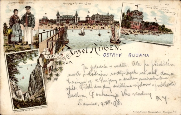 Chromo-Litho Island of Rügen, fisherman's costume Göhren, Binz, spa house, beach, Sassnitz, beach hotel