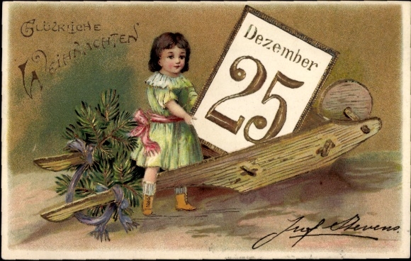 Präge Litho Glückwunsch Weihnachten, Schubkarre, Mädchen, Kalenderblatt Dezember 25