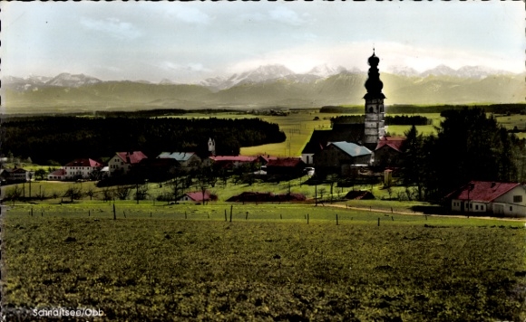 Postcard Schnaitsee in Upper Bavaria, Panorama, Church