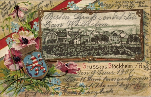 Passepartout Postcard Stockheim Glauburg in Hessen, Panorama, State Coat of Arms
