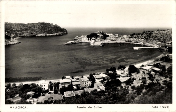Ak Puerto Soller Mallorca Balearische Inseln, Aussicht auf die Küste, Hafen, Häuser, Berge, Meer