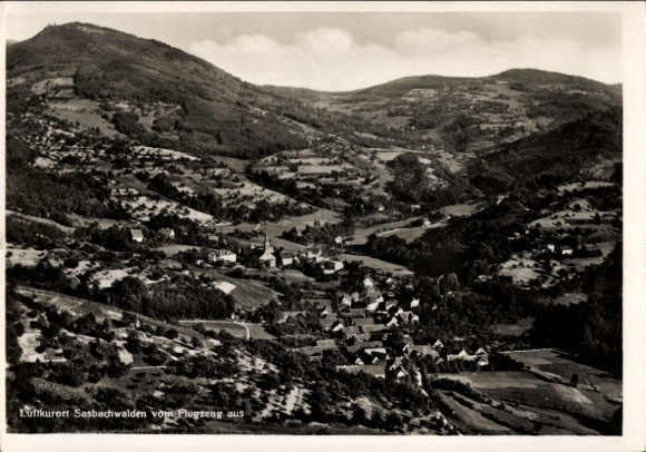 Postcard Sasbachwalden in the Black Forest, climatic health resort landscape with hills and villages