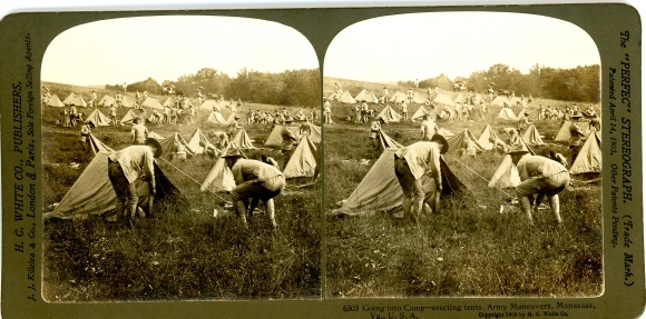 Stereo Foto Manassas Virginia USA, Manöver der Armee, Soldaten bauen ein Zelt auf