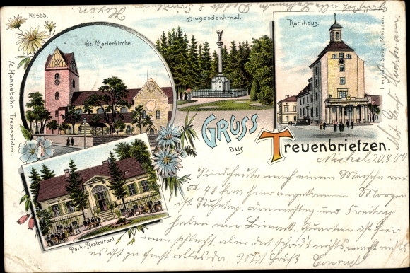 Chromo-Litho Treuenbrietzen in Brandenburg, St. Mary's Church, Victory Monument, town hall, park restaurant