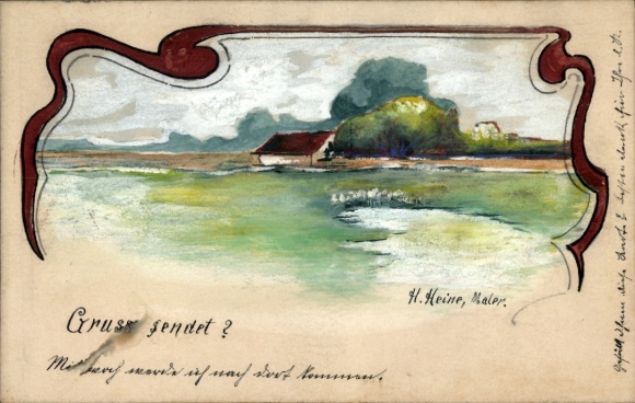 Hand-painted artist Postcard Heine, H., village idyll, residential house