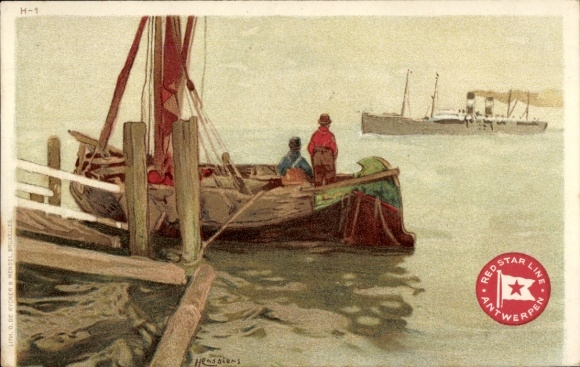 Artist Postcard Cassiens, Red Star Line, fishing boat, steamer