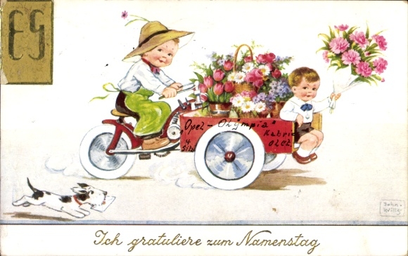 Artist Postcard Wills, John, name day, motorcycle with loading area, two boys, flowers