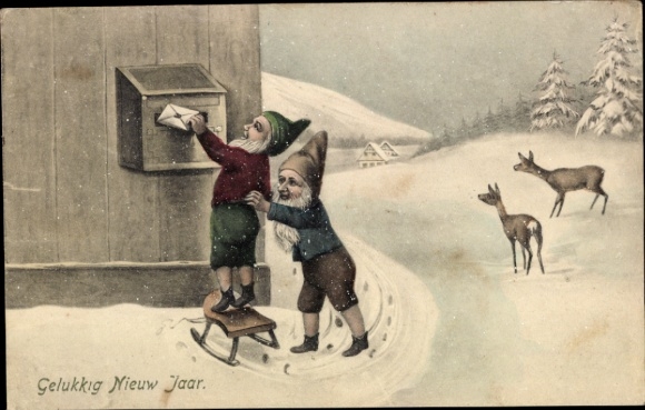 Postcard Happy New Year, dwarves, mailbox, sleigh, deer