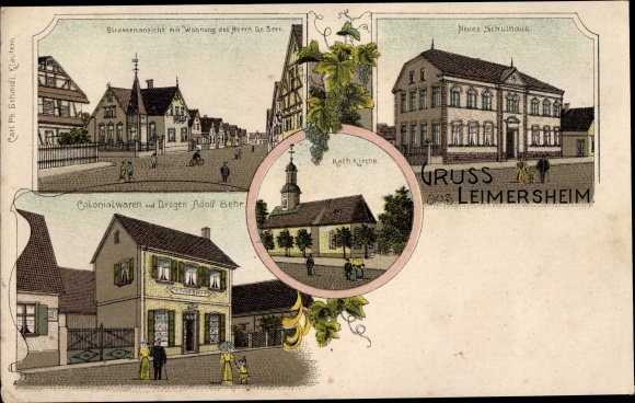 Chromo-Litho Leimersheim Rülzheim in Rhineland-Palatinate, new school building, grocery store, church