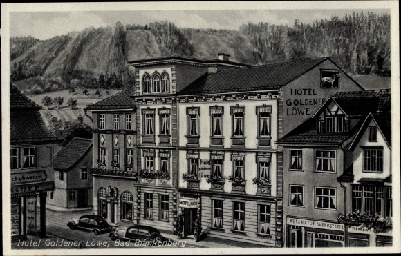 Ansichtkaart Bad Blankenburg Schwarzatal, Thüringen, gedeeltelijk zicht, Hotel Goldener Löwe, reparatiewerkplaats
