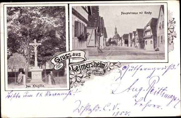 Postcard Leimersheim in der Pfalz, main street, church, crucifix
