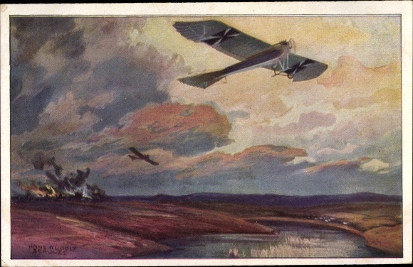 Artist PC Schulze, Hans Rudolf, military pigeon on reconnaissance flight at the Masurian lakes, I. WW