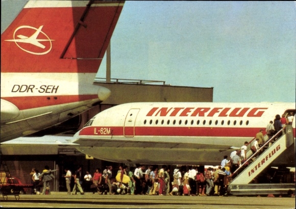 Postcard Schönefeld near Berlin, GDR Interflug aircraft Ilyushin IL 62M, airport, GDR SEH