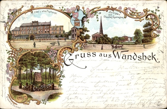 Litho Hamburg Wandsbek, Hotel Zum alten Posthaus, Markt, Claudius-Gymnasium, Claudius-Denkmal