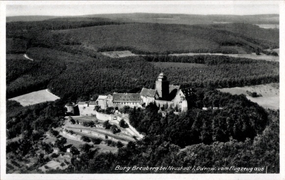 Postcard Neustadt Breuberg in the Odenwald, Breuberg Castle, aerial photograph, forest landscape, picture