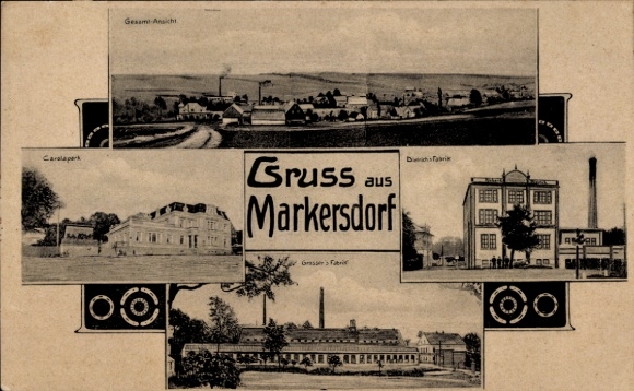 Ak Markersdorf im Chemnitztal Claußnitz Mittelsachsen, Fabriken, Carolapark, Totalansicht