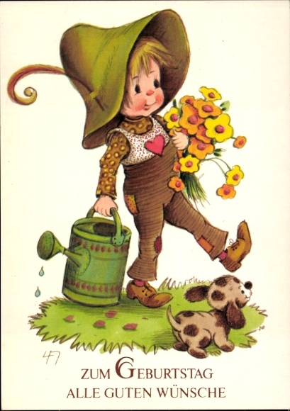 Postcard congratulations birthday, flowers, child with watering can