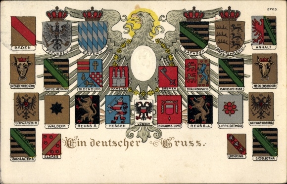 Embossed Coat of Arms Chromo-Litho A German greeting, Kaiser Wilhelm II, Anhalt, Saxony, Hamburg, Bavaria