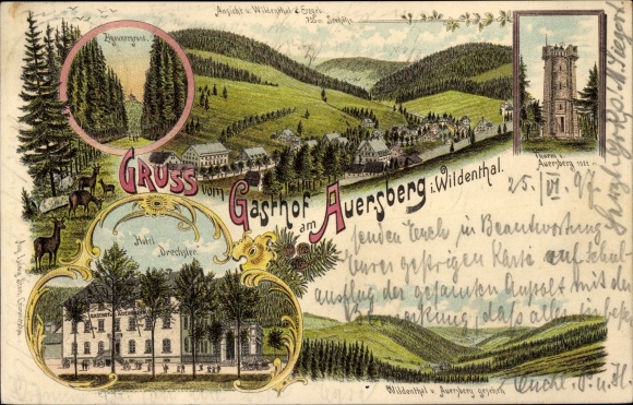 Chromo-Litho Wildenthal Eibenstock in the Erzgebirge, Zigeunergrund, Hotel Drechsler, tower of. Auersberg