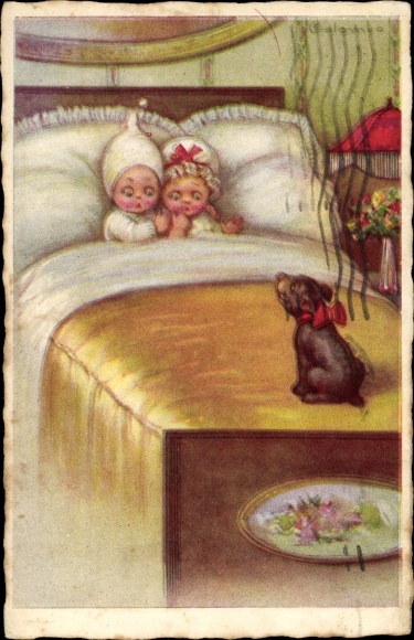 Artist PC Colombo, couple in bed afraid of a puppy