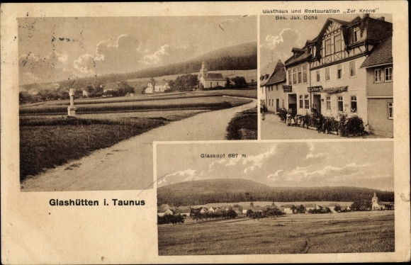Ak Glashütten im Taunus Hessen, Gasthaus Zur Krone, Glaskopf, Blick auf den Ort