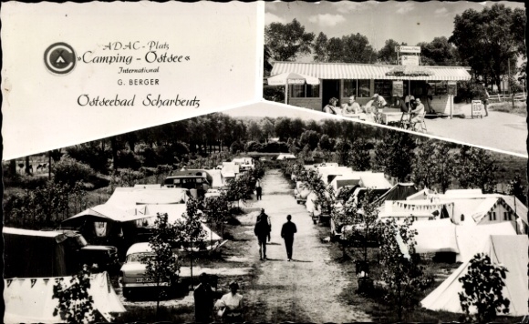 Ak Ostseebad Scharbeutz in Holstein, Campingplatz, Zelte, Bäume, Gebäude, ADAC Logo