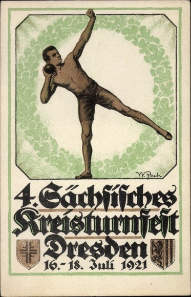 KP artysty Drezno, W. Pech, 4. Saksonia. Kreisturnfest 1921, Festsportkarte Nr.1, Kulomiot