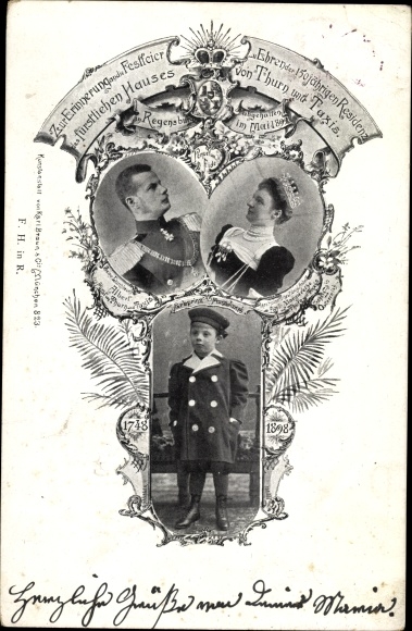Postcard 150th anniversary of the House of Thurn and Taxis, Albert, Margarethe Klementine