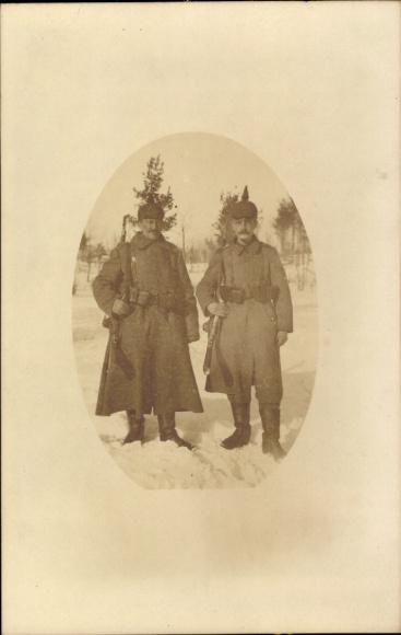 Photo Postcard German soldiers in uniforms, spiked helmet, rifle