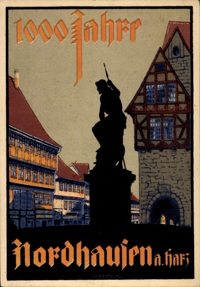 Ak Nordhausen am Harz, 1000 Jahre, Statue, Historische Gebäude, Nordhausen